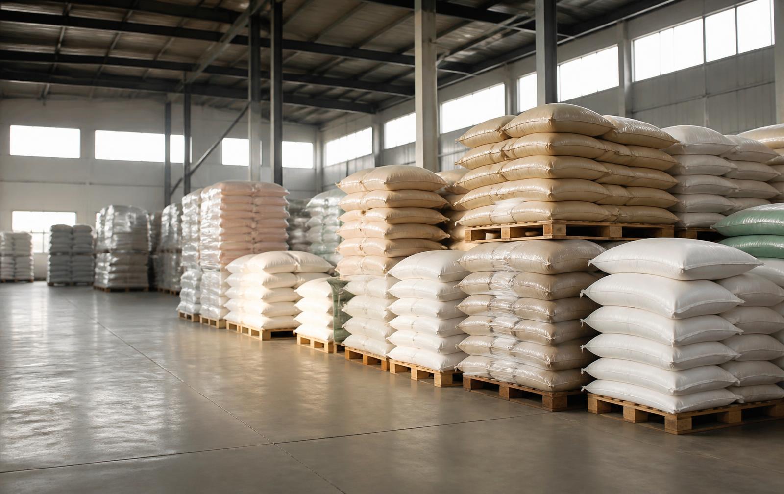 Warehouse pallets stacked with bulk ingredient sacks
